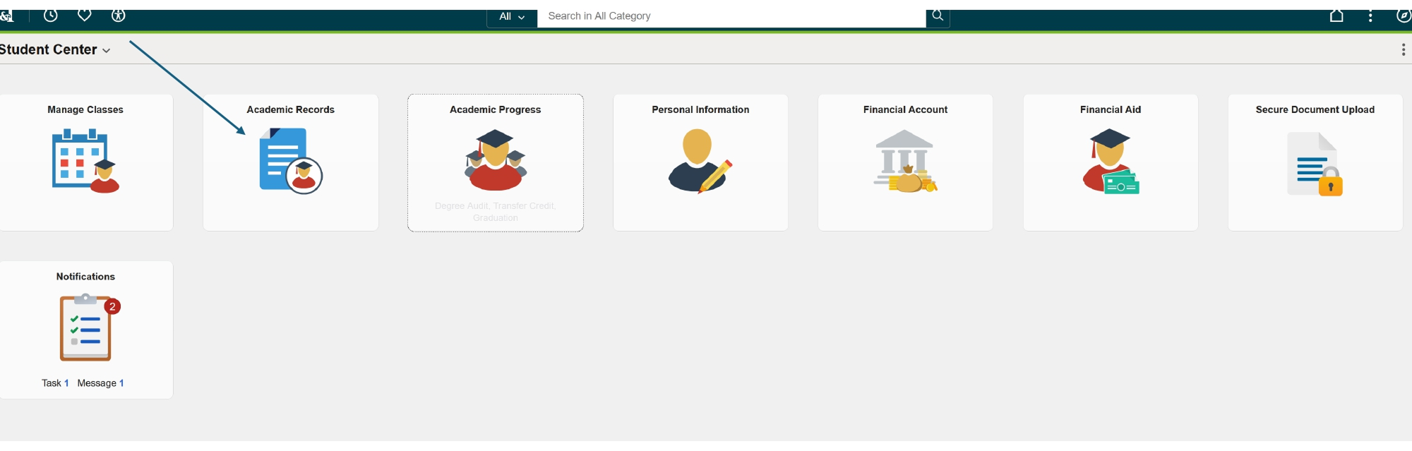 Arrow pointing to academic records as first step in JoeSS to find your advisor.